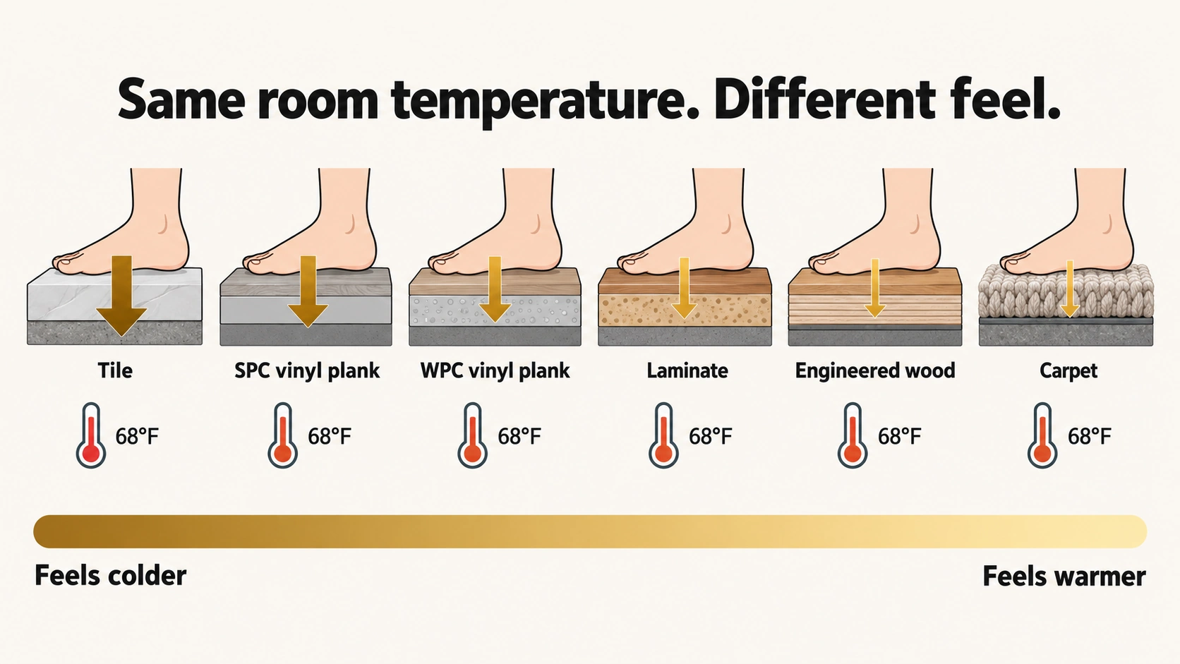 Diagram comparing how quickly bare feet lose heat to tile, vinyl plank, laminate, wood and carpet at the same room temperature