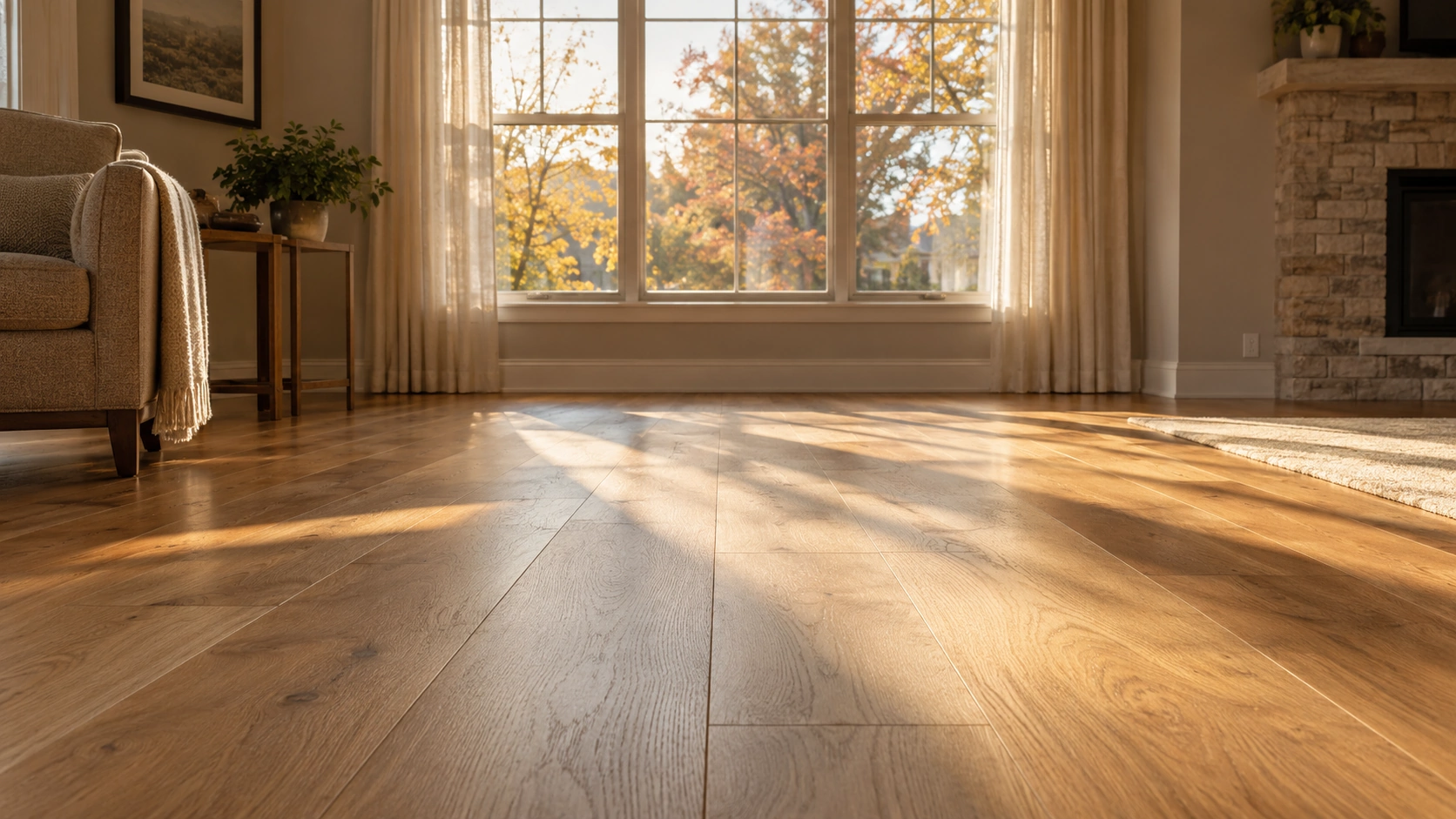 Oak plank flooring in a Tulsa living room with autumn light coming through the windows