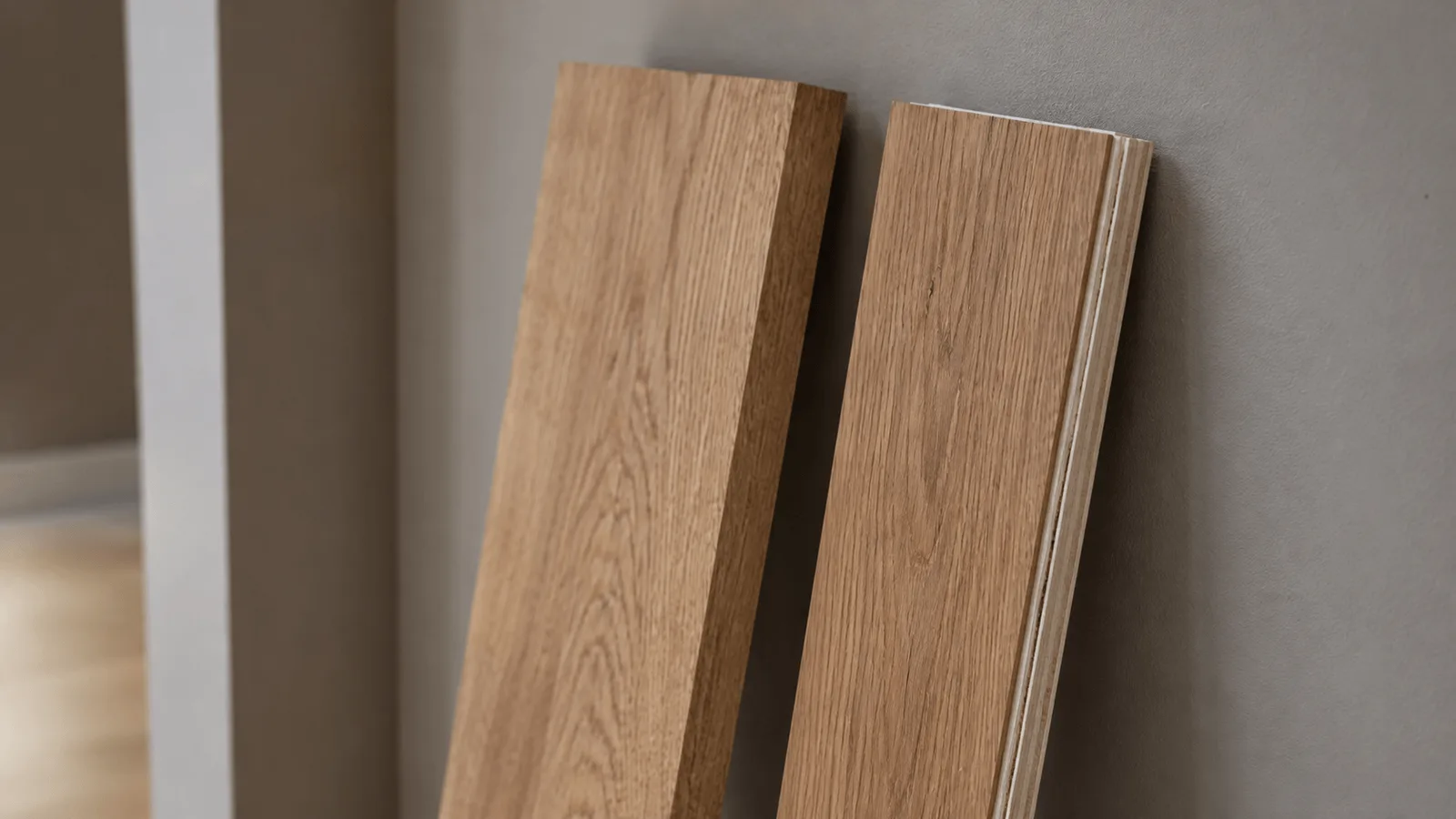 A solid oak plank and an engineered oak plank standing on edge with both cut ends facing the camera
