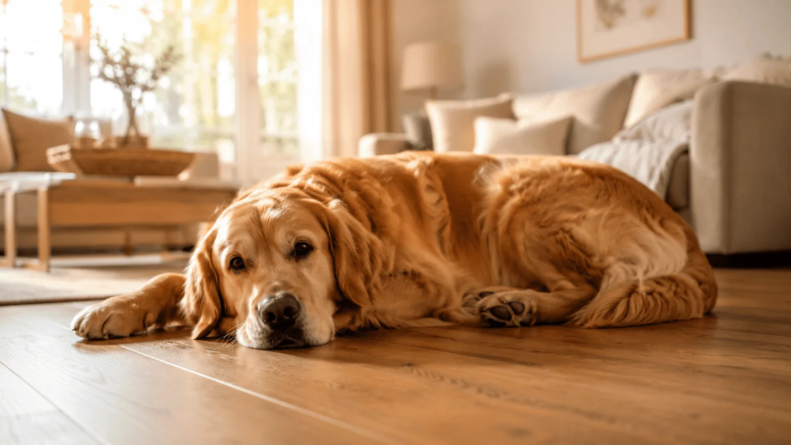 A golden retriever lying on a warm oak plank floor in a bright living room