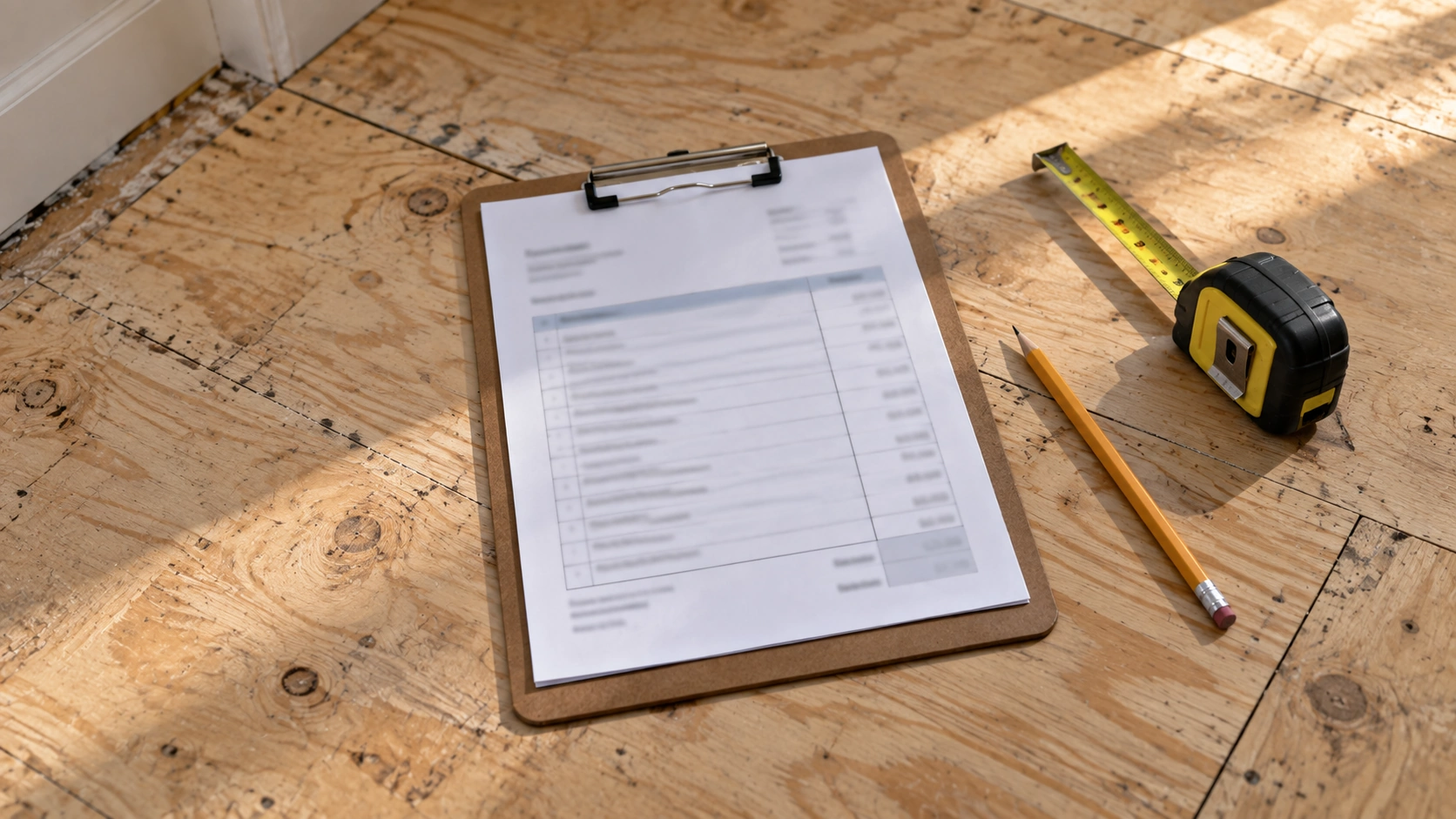 A written line item flooring estimate on a clipboard resting on a bare subfloor