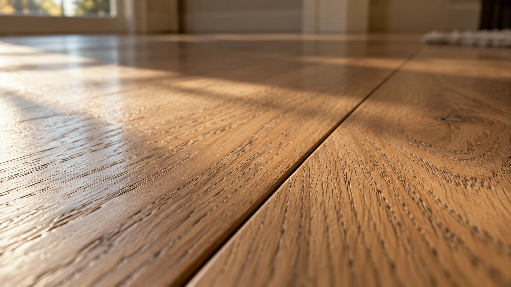 Close view of oak hardwood boards showing a fine seasonal gap between planks in winter light