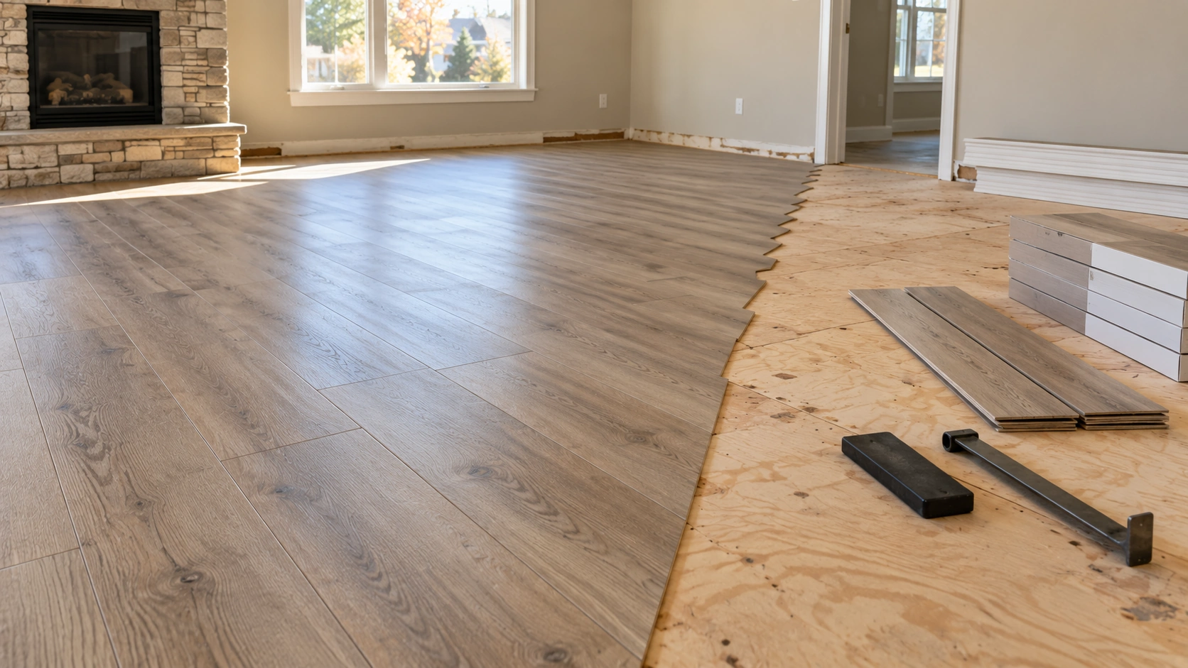 Plank flooring part way through installation in a Tulsa area home with the room cleared