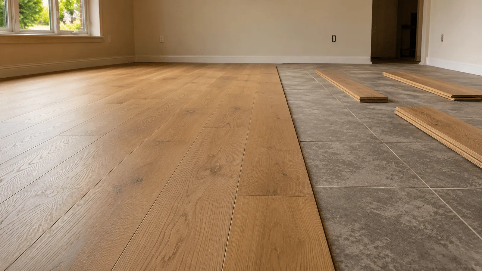 Luxury vinyl plank part way through being laid over an existing ceramic tile floor