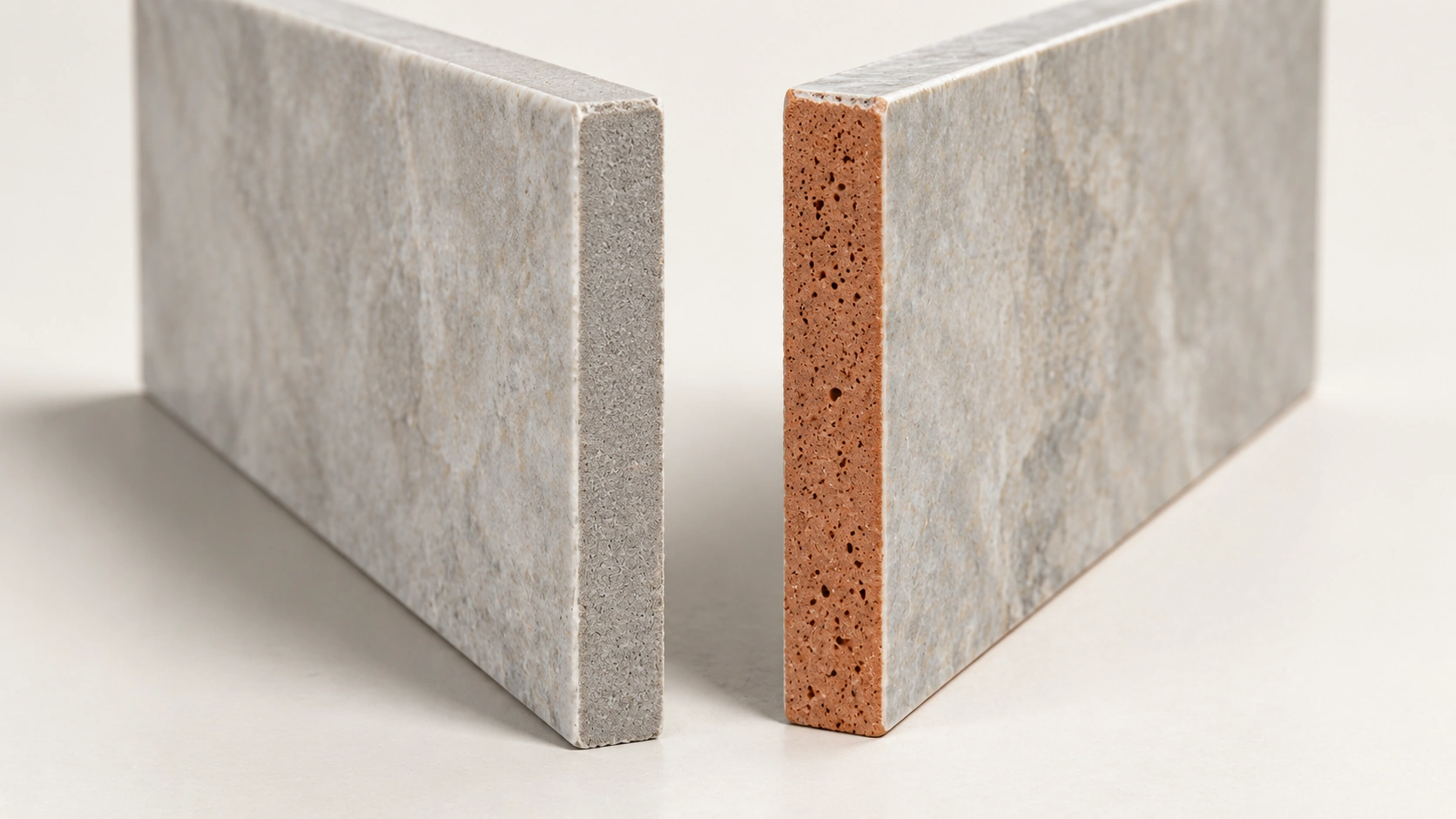 Porcelain and ceramic floor tiles side by side showing the difference in body color at the cut edge