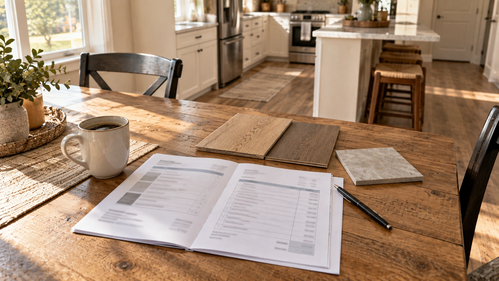 A homeowner reviewing a written flooring estimate at a kitchen table in a Tulsa area home