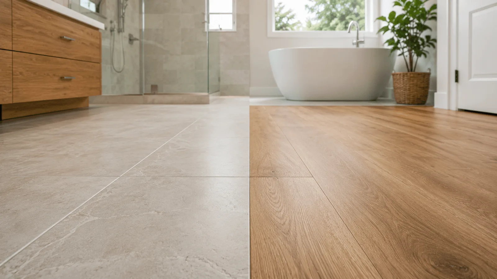 A bathroom floor changing from stone look porcelain tile to wood look plank at a straight transition line