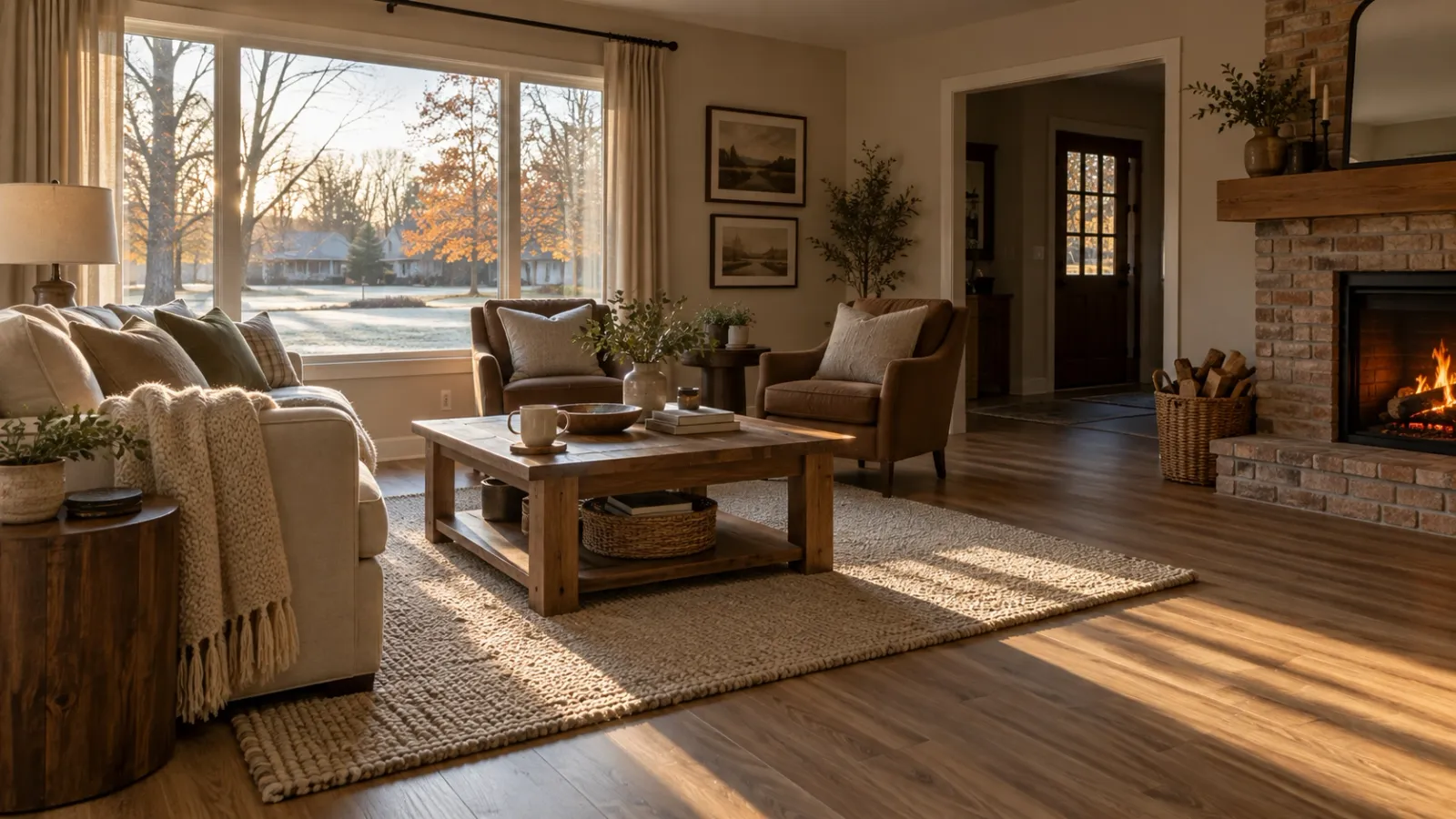 Wood look plank flooring with an area rug in a Tulsa slab home living room on a cold morning