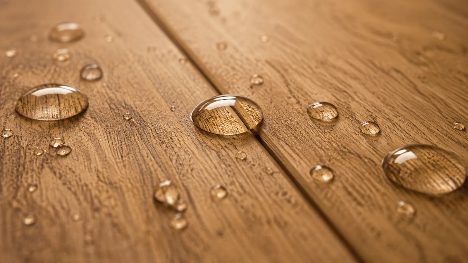 Water droplets beading on a wood look plank floor, one sitting directly over the seam between two planks