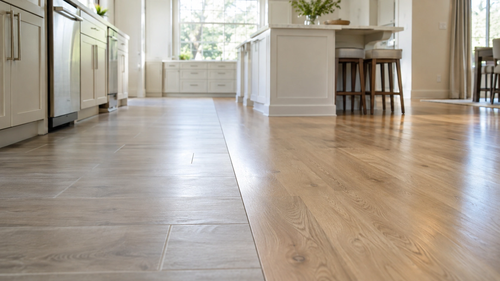 A kitchen floor transitioning from wood look porcelain plank tile to real oak hardwood at a straight seam
