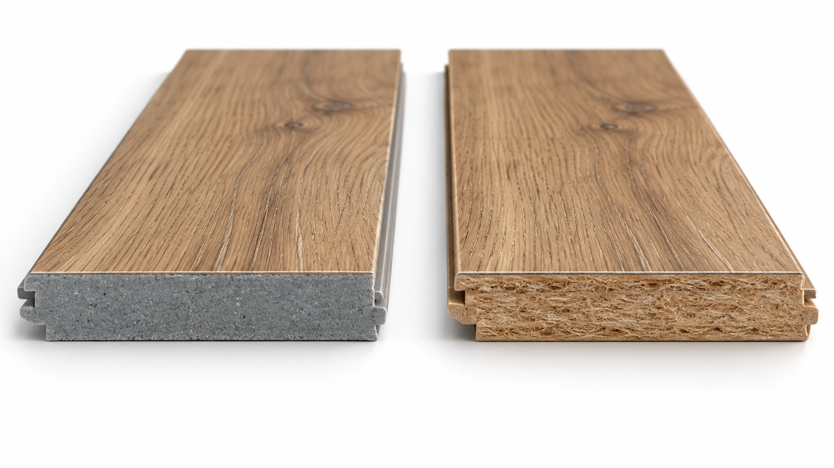 Cutaway comparison of a luxury vinyl plank with a plastic core beside a laminate plank with a fiberboard core