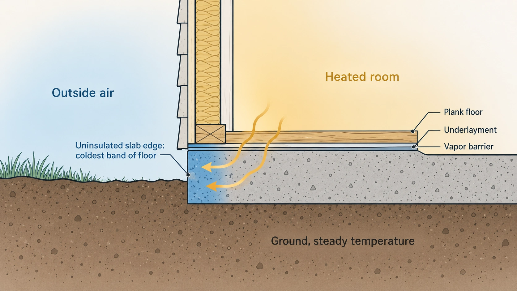 Cross section of a slab foundation home showing the cold edge at the exterior wall and the layers between slab and floor