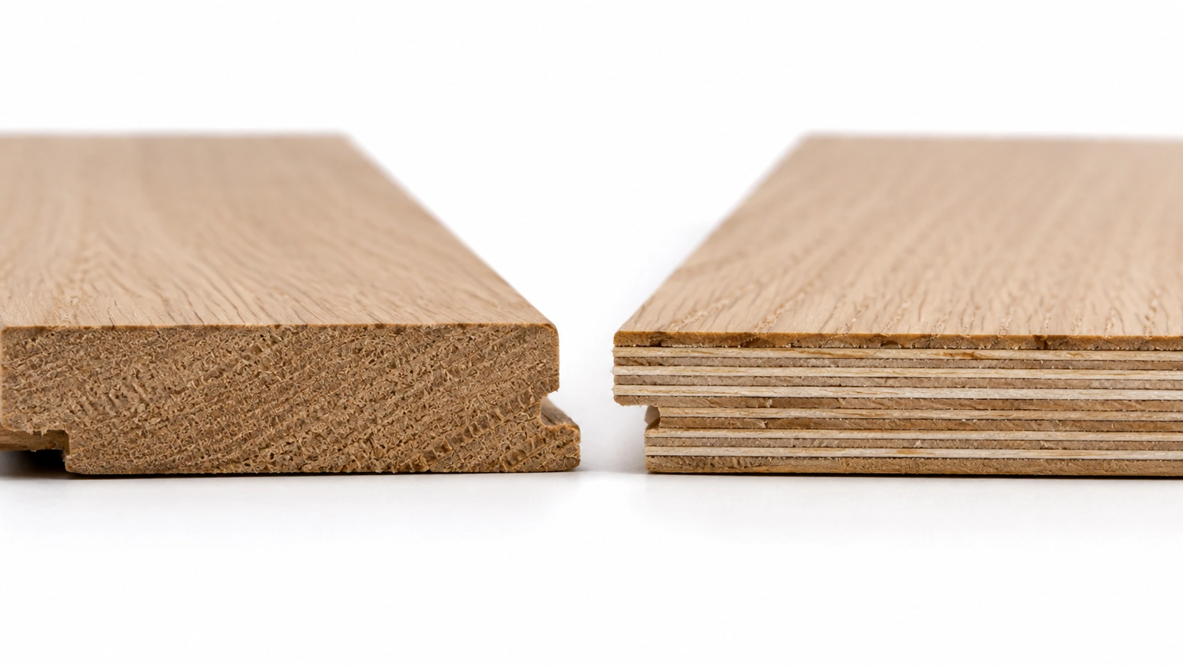 Solid oak plank edge beside an engineered plank edge, showing one continuous piece of wood against a cross ply core