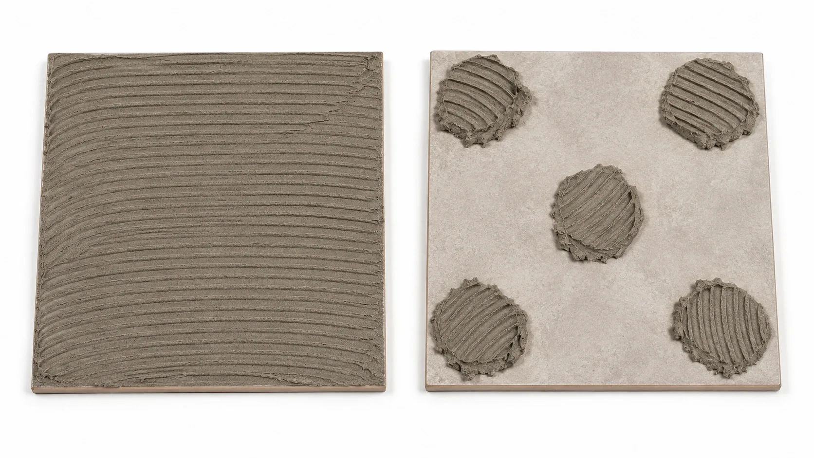 Two lifted floor tiles compared, one with full mortar coverage across the back and one spot bonded with five dabs