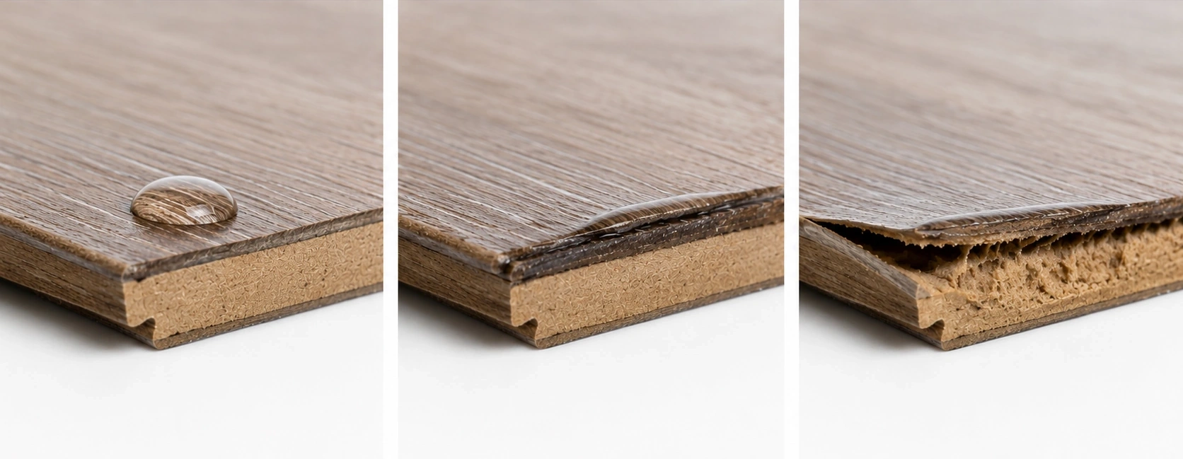 Three stages of a water resistant laminate edge as water sits on the seam, from beading on the surface to a swollen, separated edge