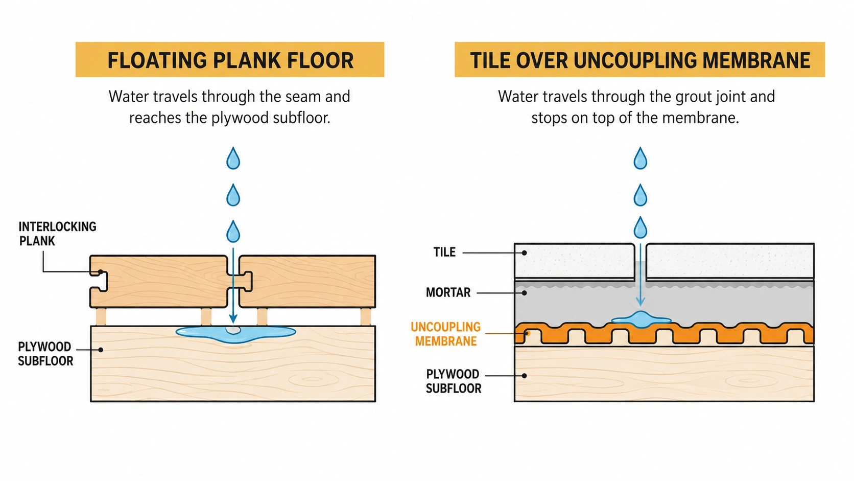 Diagram comparing water reaching the subfloor through a floating plank seam against water stopping on the membrane under a tile floor