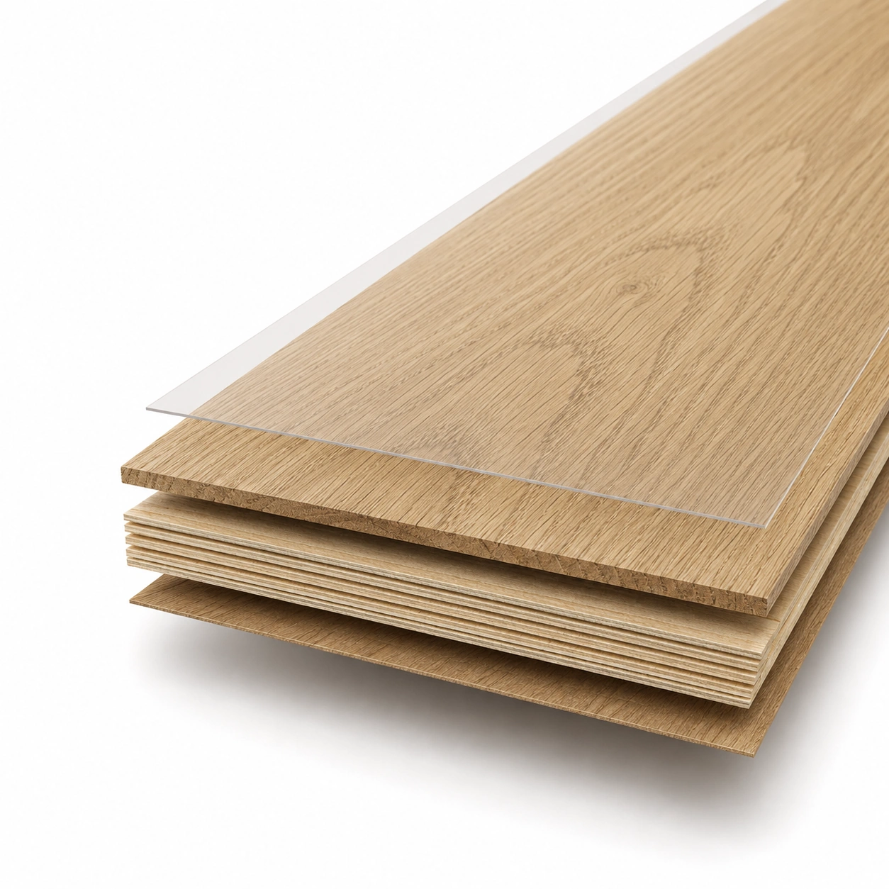 Cutaway render of an engineered hardwood flooring plank showing the finish coats, real oak wear layer, cross ply core, and backing veneer, the build we install in Tulsa, OK homes