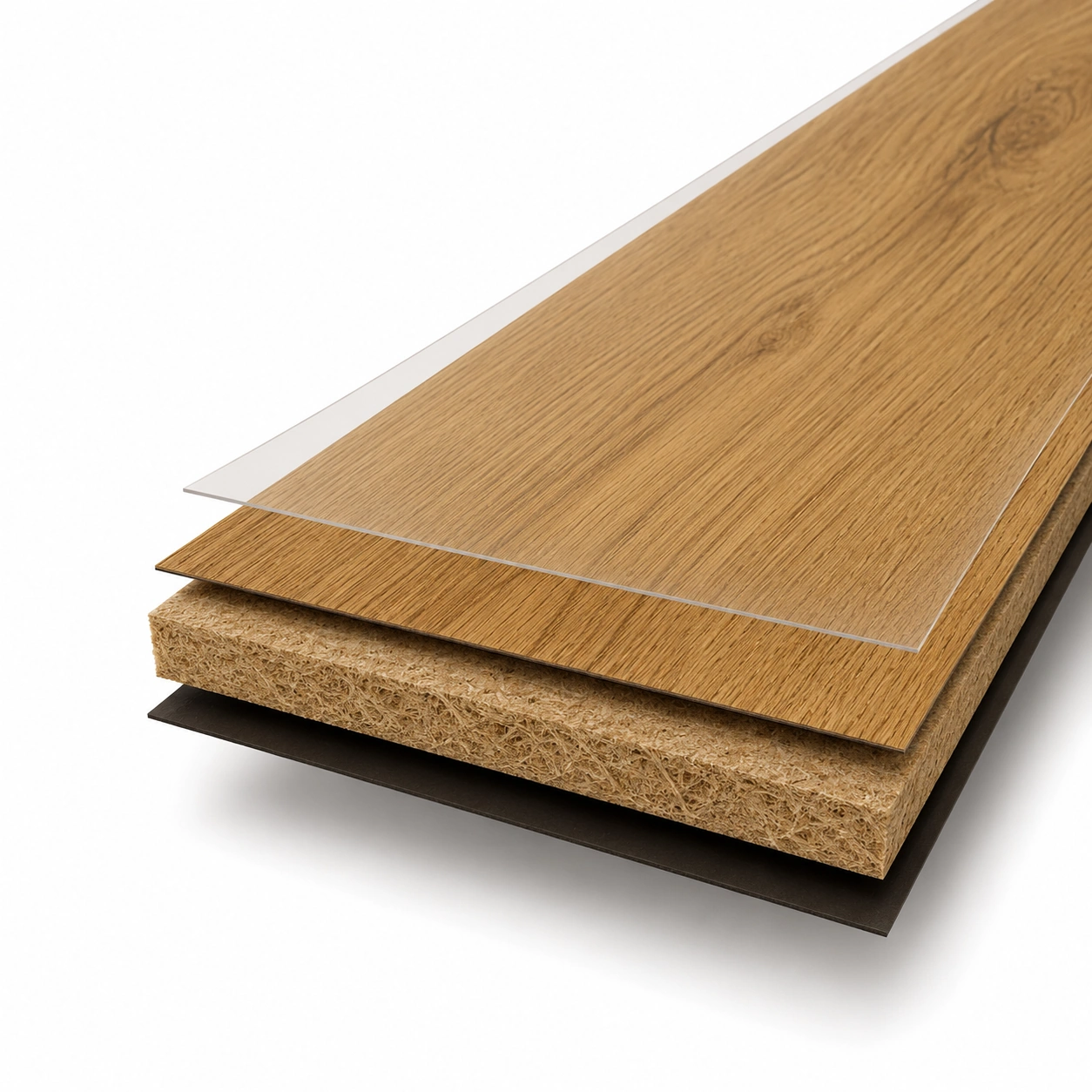 Cutaway render of a laminate flooring plank showing the melamine wear layer, decorative print layer, high density fiberboard core, and moisture resistant backing, the build we install in Tulsa, OK homes