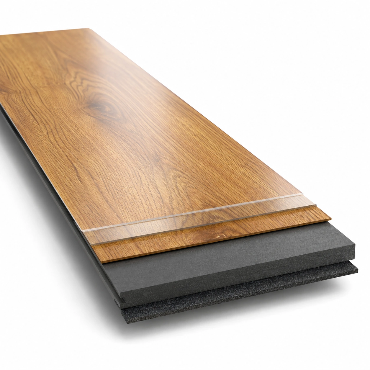 Cutaway render of a luxury vinyl plank showing the wear layer, print layer, rigid core, and attached backing pad