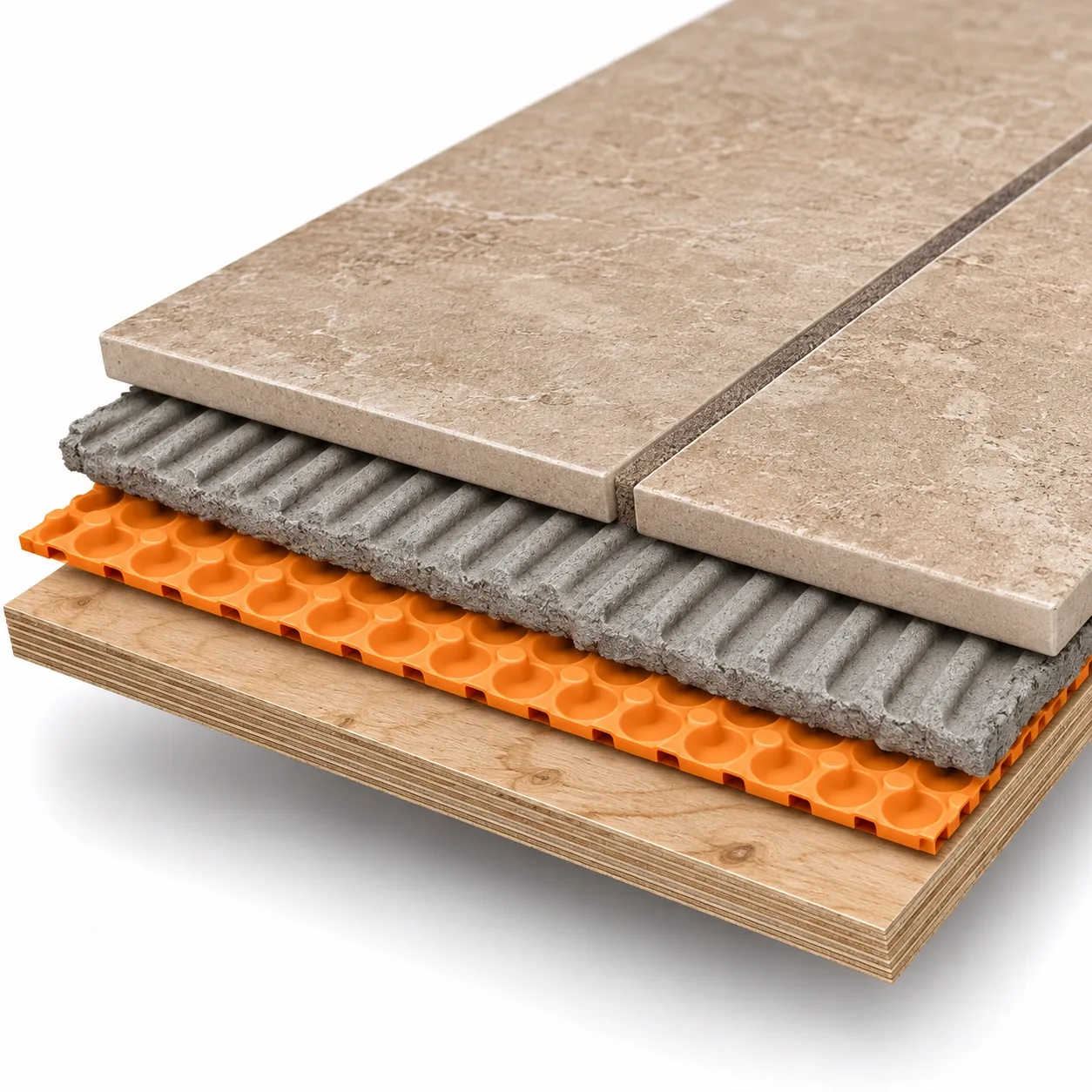 Cutaway render of a tile floor assembly showing the plywood subfloor, orange uncoupling membrane, notched thinset mortar bed, porcelain tile, and grout joint, the build up we use on Tulsa, OK tile installations