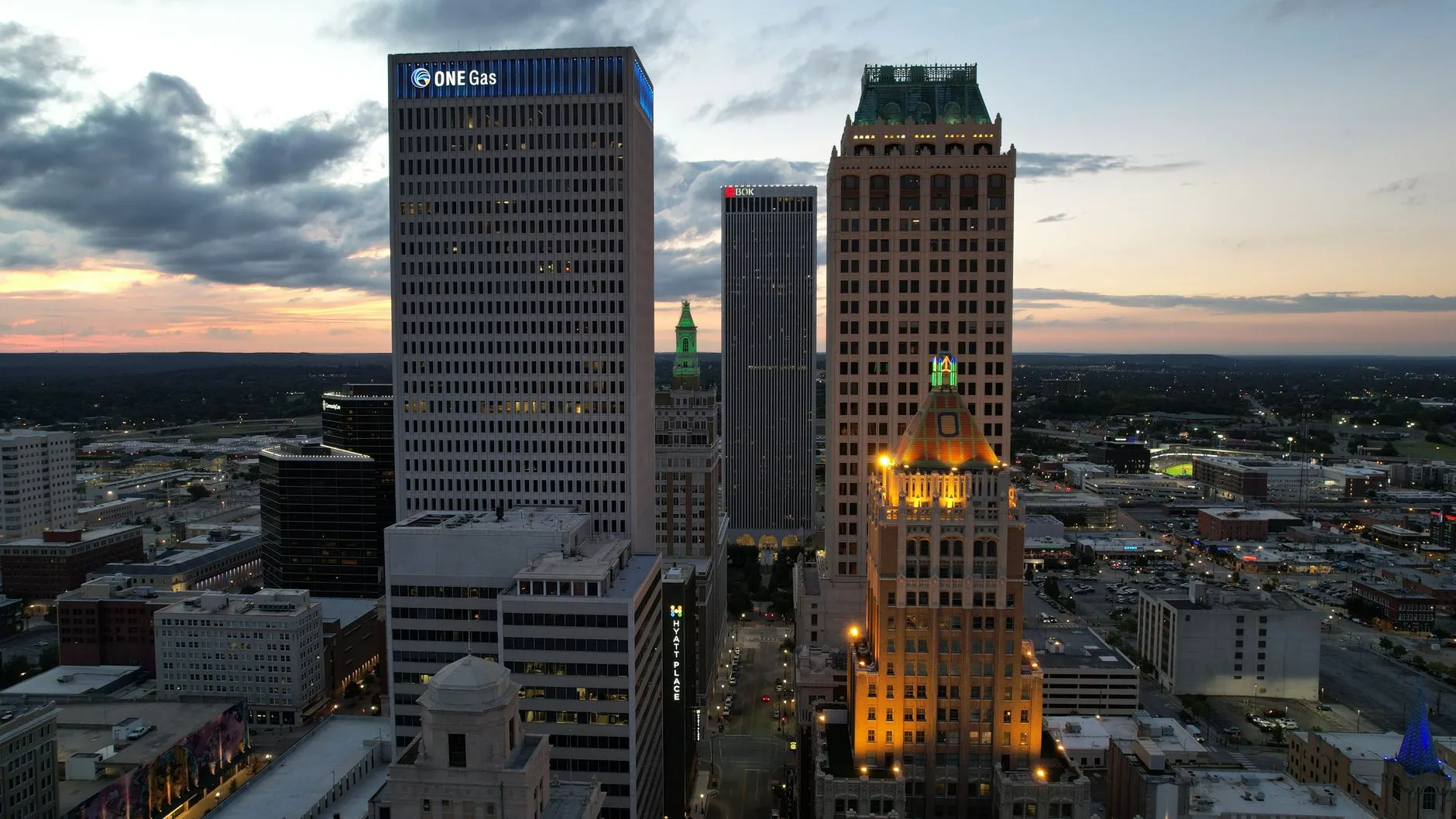 Aerial view of the downtown Tulsa, Oklahoma skyline at twilight