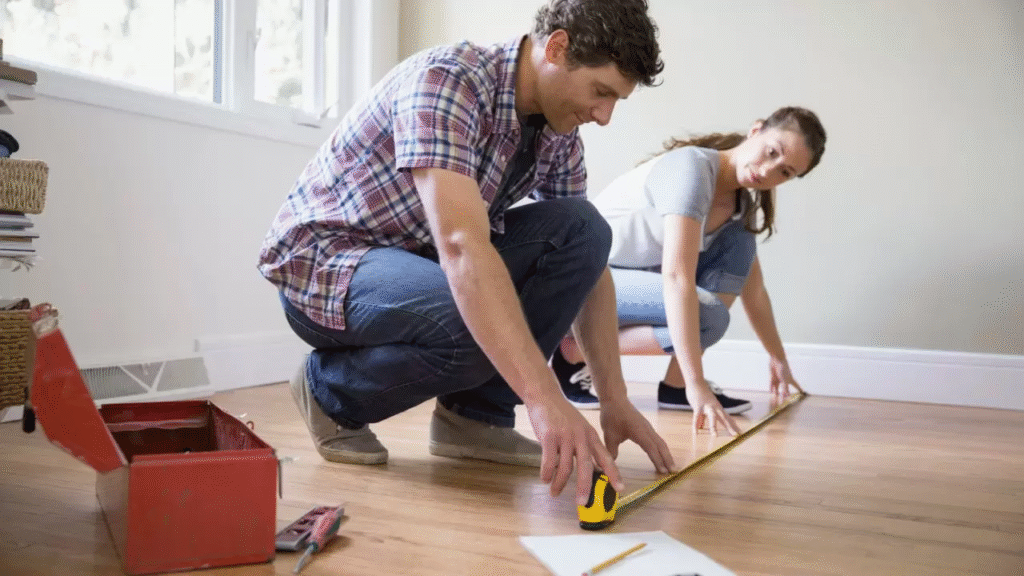 flooring expert measuring living room floor for Tulsa home flooring estimate