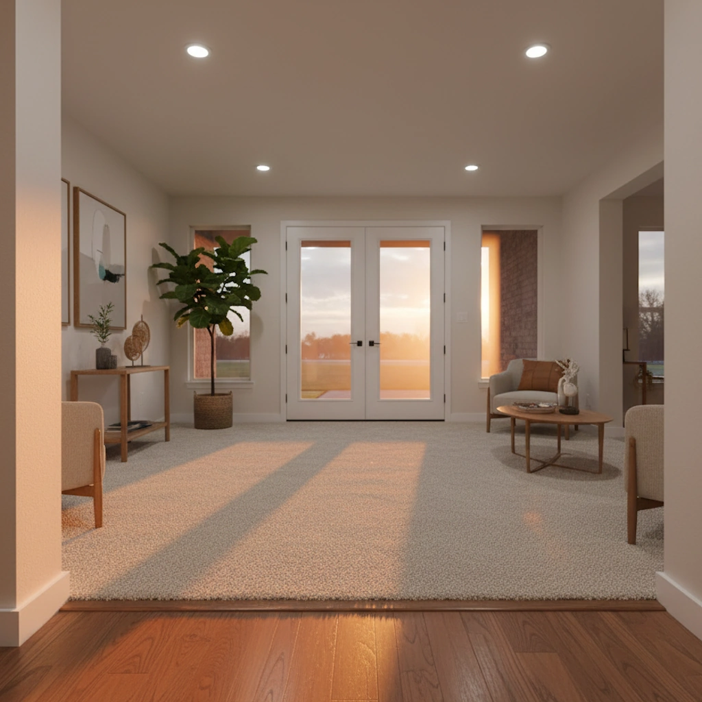 Professional hardwood flooring entryway transition in a bright, open-concept home in Broken Arrow, Oklahoma.