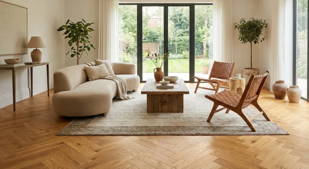 High-end living room featuring honey-oak hardwood flooring in a herringbone pattern installed by Foursquare Flooring in Tulsa.