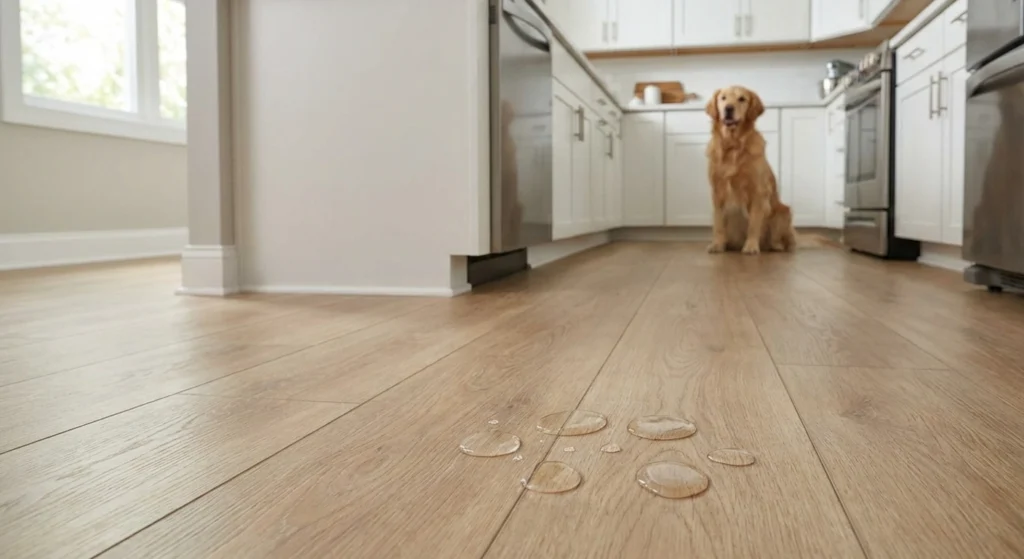Durable and waterproof luxury vinyl plank flooring in a modern Tulsa kitchen, perfect for homes with pets.